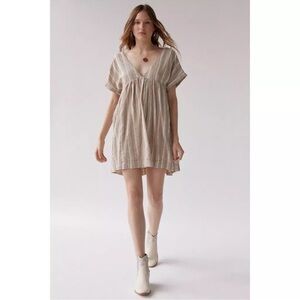 Urban Outfitters Serendipity Neutral Linen Striped Babydoll Mini Dress XS